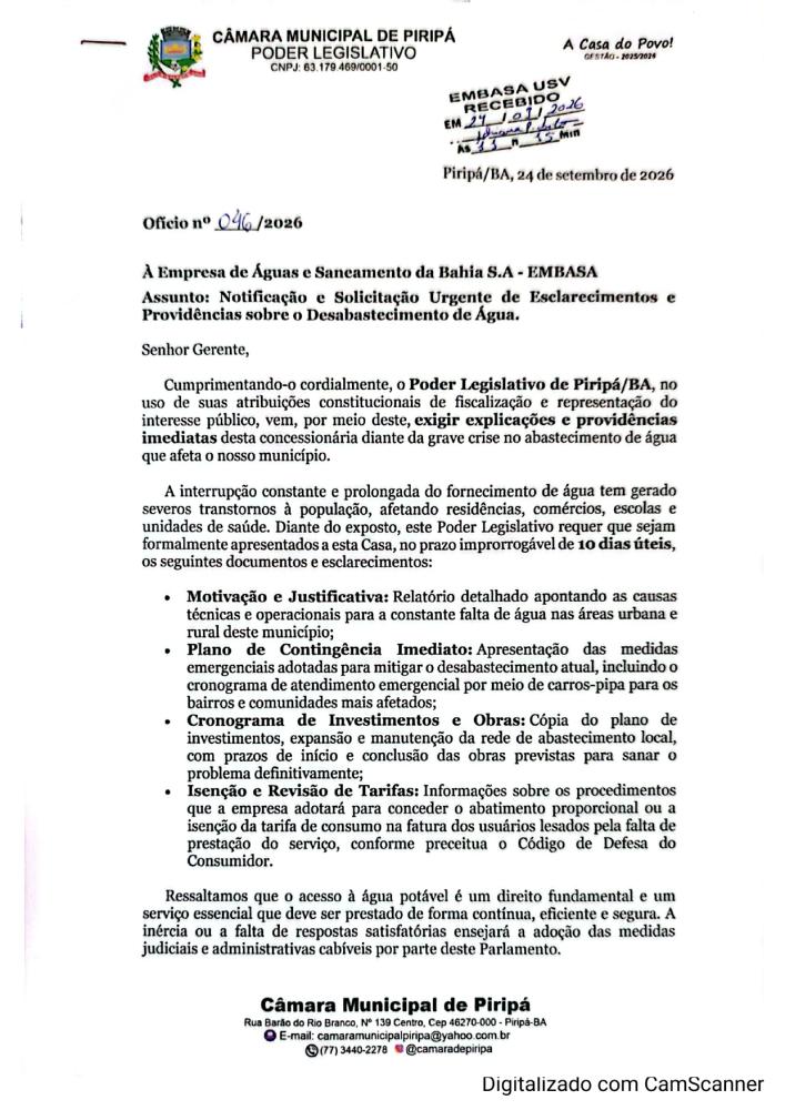 Vereadores de Piripá cobram da Embasa Urgência na solução do desabastecimento de água no município 