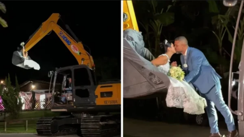 Noiva chega ao casamento dentro de concha de escavadeira pilotada pelo noivo