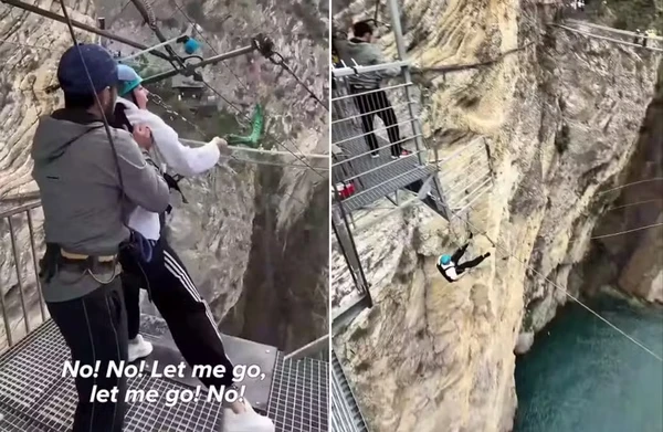 Turista chora, desiste de saltar de cânion de 80 metros, mas é chutada e empurrada por instrutores.