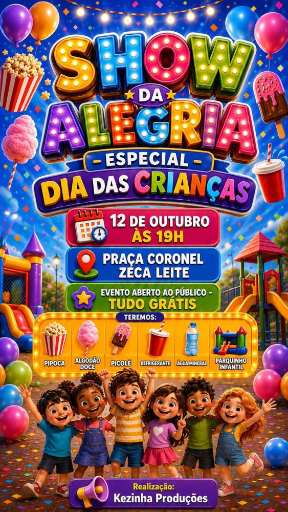 DIA 12 DE OUTUBRO ESTA CHEGANDO, KEZINHA PRODUÇÕES REALIZA O 10º SHOW DA ALEGRIA ESPECIAL DIA DAS CRIANÇAS NA PRAÇA