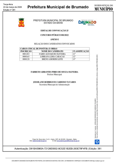 Prefeitura de Brumado prorroga prazo de convocação dos aprovados em concurso para vagas de Fiscal de Postura e Obras